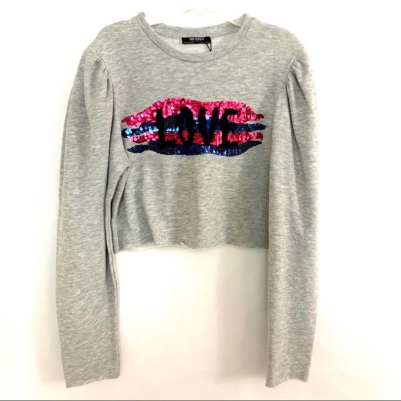 Zara  Love Sequin Puffed Sleeve Sweater Crop Gray small  new - Picture 2 of 7